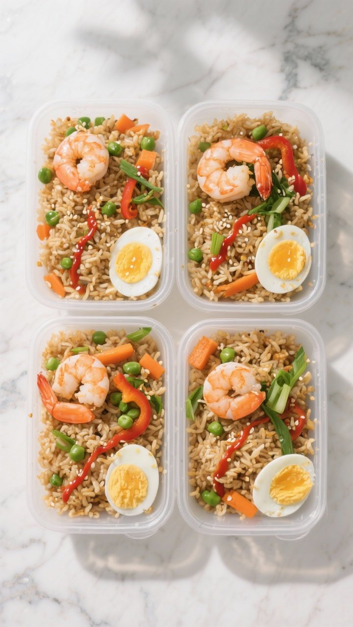 Final meal prep presentation: Beautifully portioned shrimp fried rice in four transparent meal prep