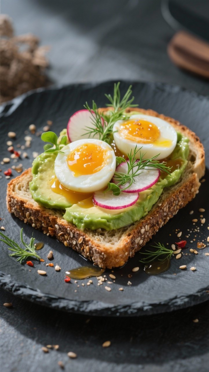 Final plated beauty: Restaurant-quality presentation of the toast on a dark slate plate to pop the c