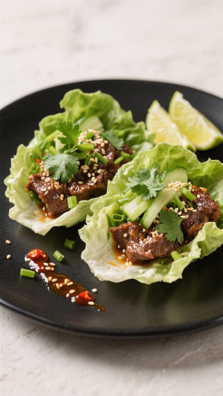 Final plated beauty shot: Asian Sesame Beef Lettuce Wraps assembled on a matte black platter—butte