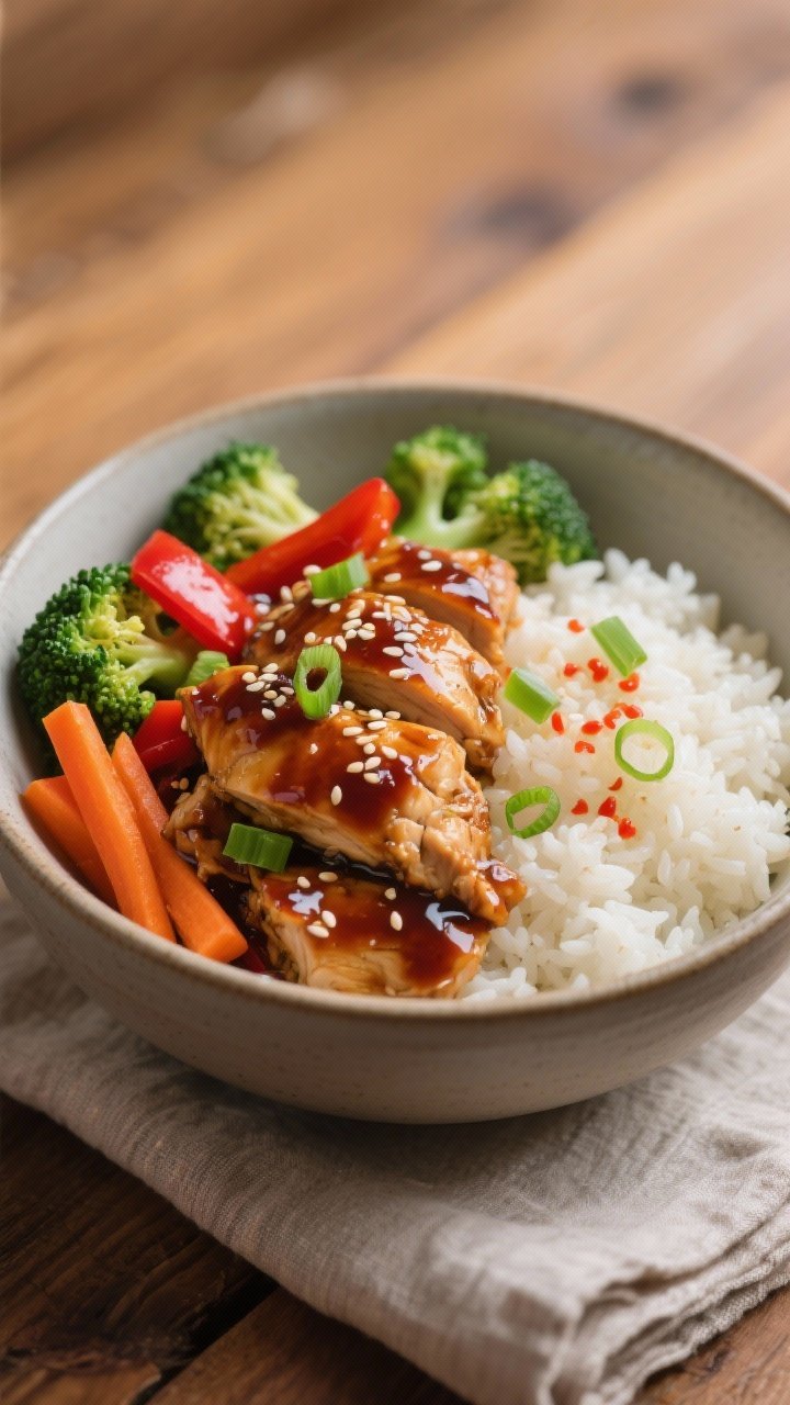 Final plated bowl beauty: High Protein Teriyaki Chicken and Rice Bowl assembled with fluffy jasmine 