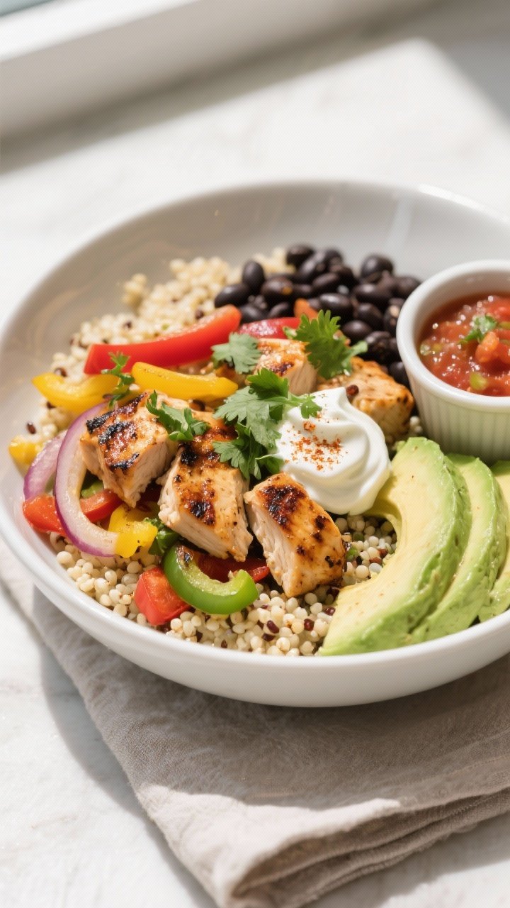 Final plated bowl, restaurant-quality: Chicken fajita power bowl arranged over fluffy quinoa with di