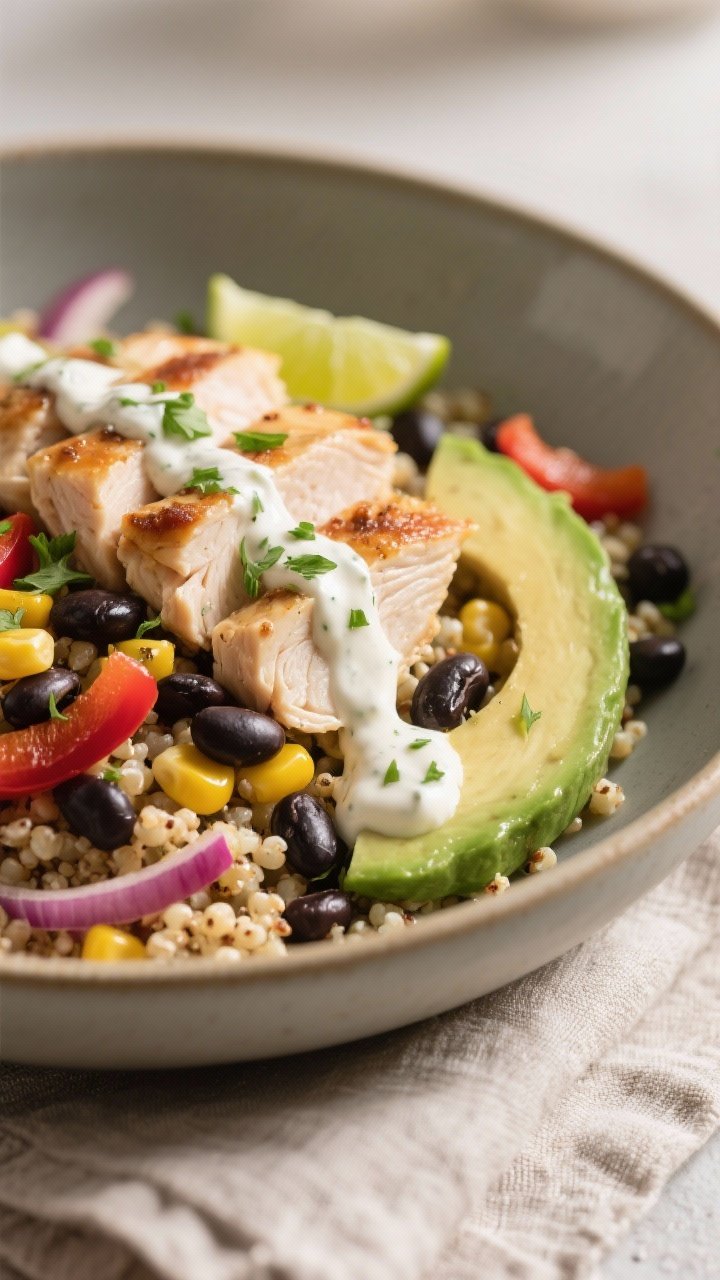 Final plated close-up: Restaurant-quality bowl of the finished Southwest Chicken Quinoa, chicken sli