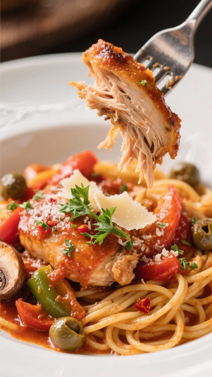 Final plated detail: Close-up of fall-apart chicken thigh pulled slightly with a fork to show juicin