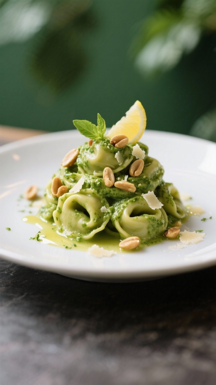 Final plated, detail-forward: Restaurant-quality presentation of pesto tortellini twirled into a nea
