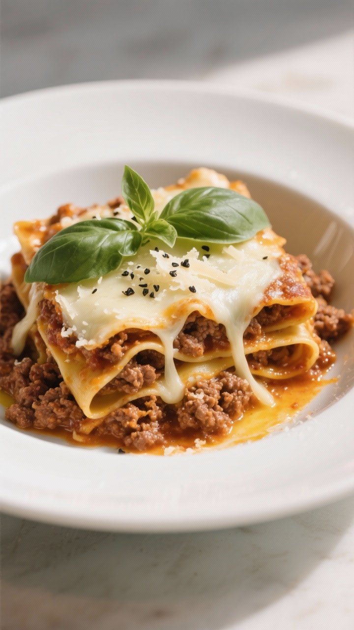 Final plated dish: A generous scoop of ground beef lasagna skillet served in a wide, shallow white b