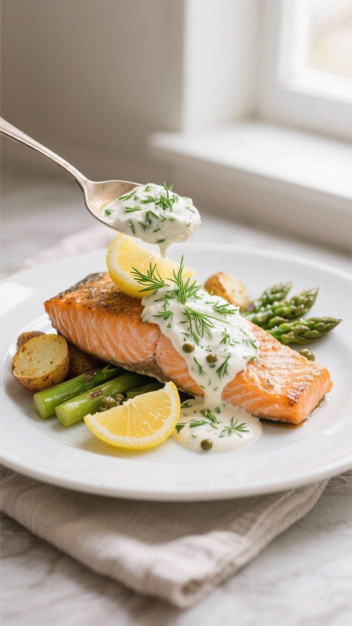 Final plated dish: Beautifully plated baked salmon fillet topped with a generous spoon of creamy dil