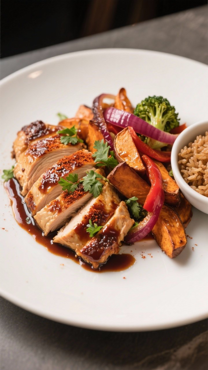 Final plated dish, : Beautifully plated BBQ chicken meal on a matte white dinner plate—sliced, jui