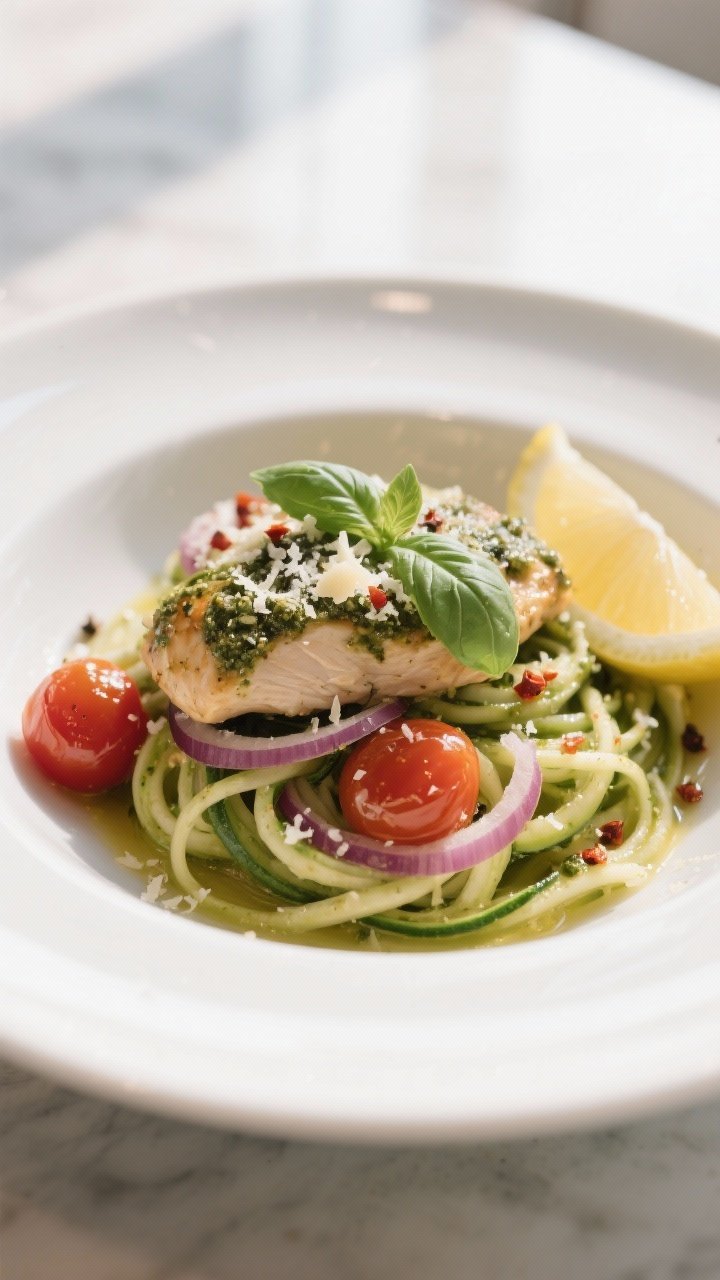 Final plated dish, : Beautifully plated Chicken Pesto Zoodles in a shallow white bowl—twirled zood