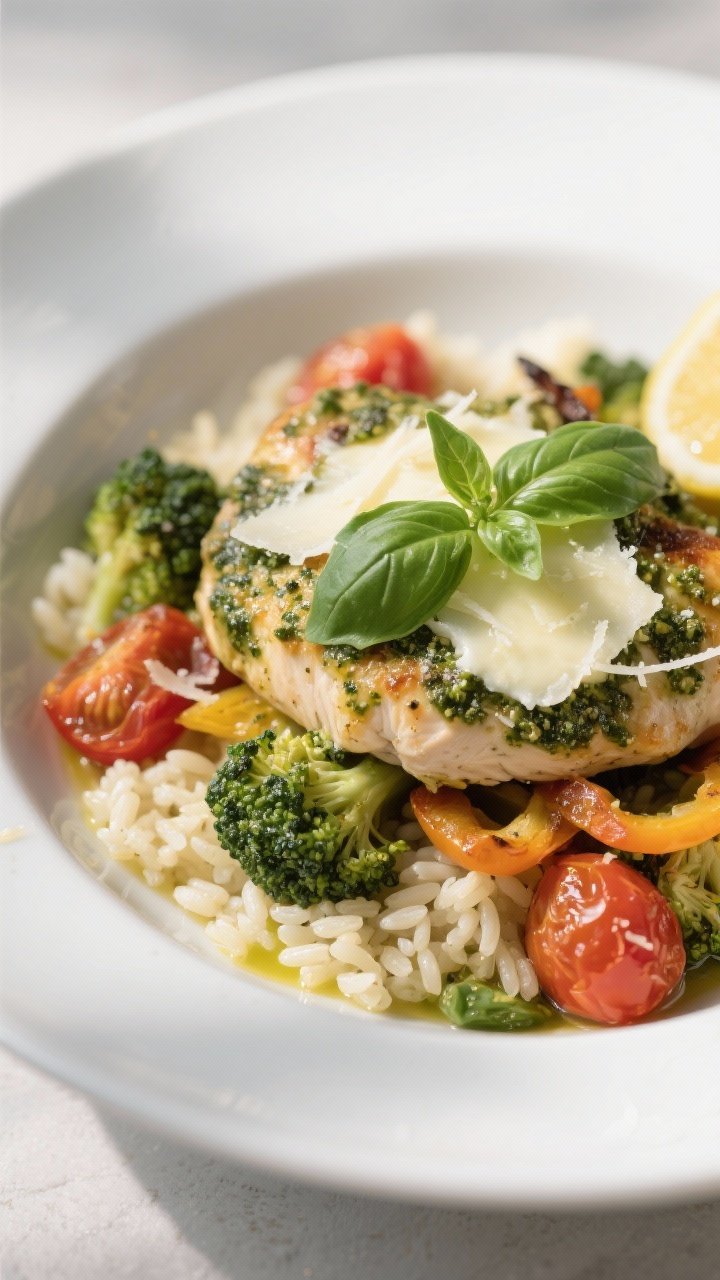 Final plated dish: Beautifully plated serving of baked pesto chicken and veggies in a shallow white 