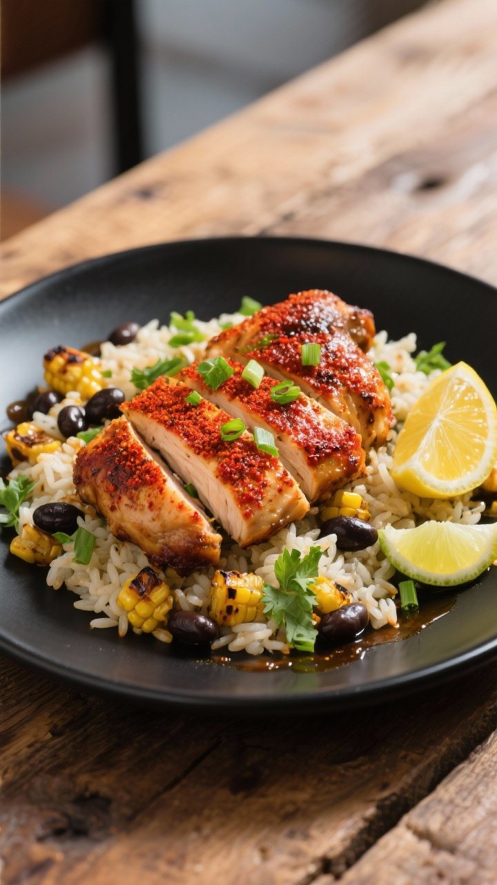 Final plated dish: Beautifully sliced Cajun chicken thighs fanned over cilantro-lime rice with charr