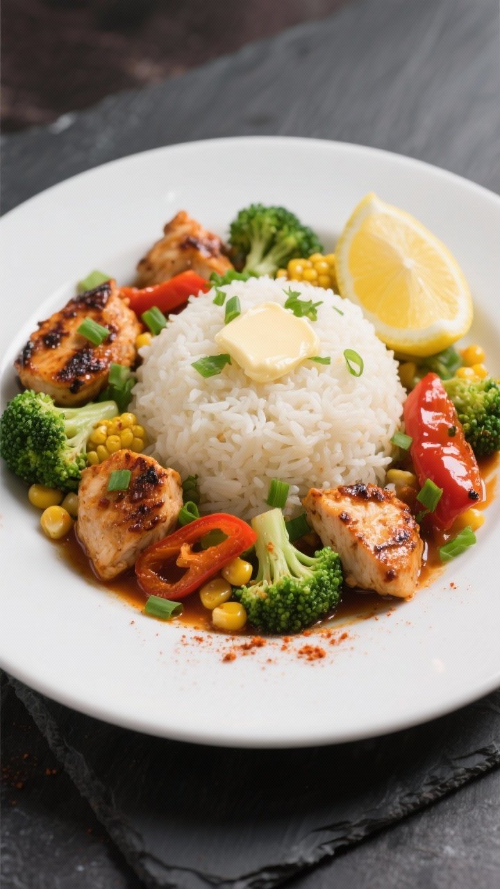 Final plated dish beauty: Restaurant-quality plate of Cajun Chicken with Rice and Veggies—mounded