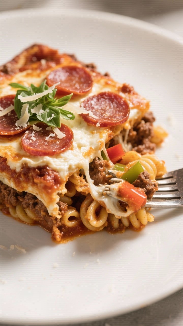 Final plated dish, close-up detail: A generous square of Ground Beef Pizza Casserole served on a mat