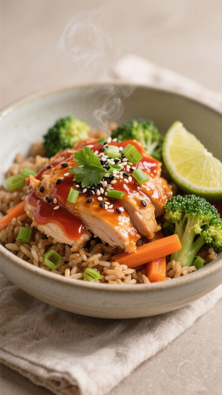 Final plated dish, hero shot: Beautifully plated Spicy Turkey and Brown Rice Bowl in a matte ceramic