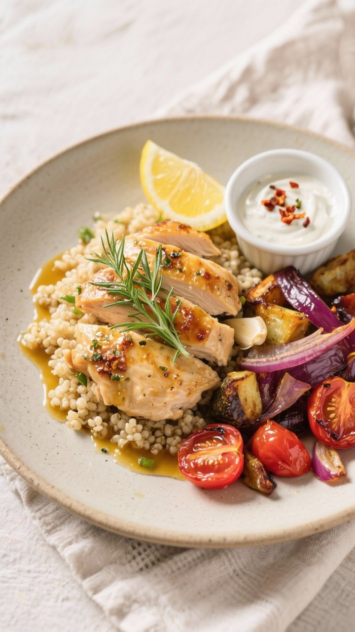 Final plated dish — Power meal presentation: Overhead hero shot of a dinner plate with a generous