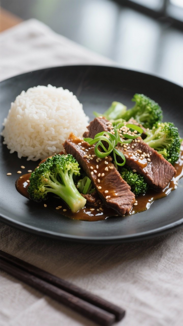 Final plated dish — Restaurant finish: Beautifully plated beef and broccoli on a wide matte-black 