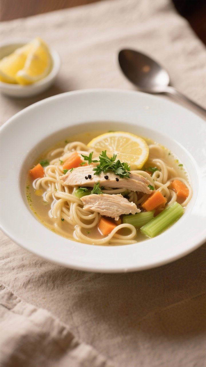 Final plated dish — restaurant-quality bowl: Beautifully plated chicken noodle soup in a white wid