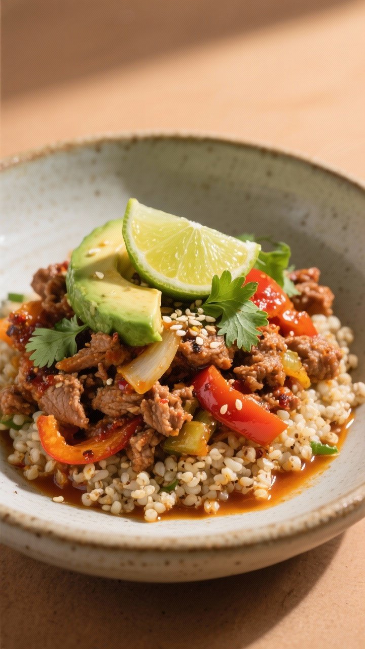 Final plated dish: Restaurant-quality bowl of Spicy Ground Turkey over quinoa, heaped with saucy mea