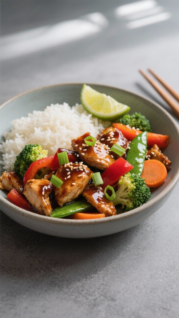 Final plated dish: Restaurant-quality bowl of teriyaki chicken stir fry over a neat mound of 1/2 cup