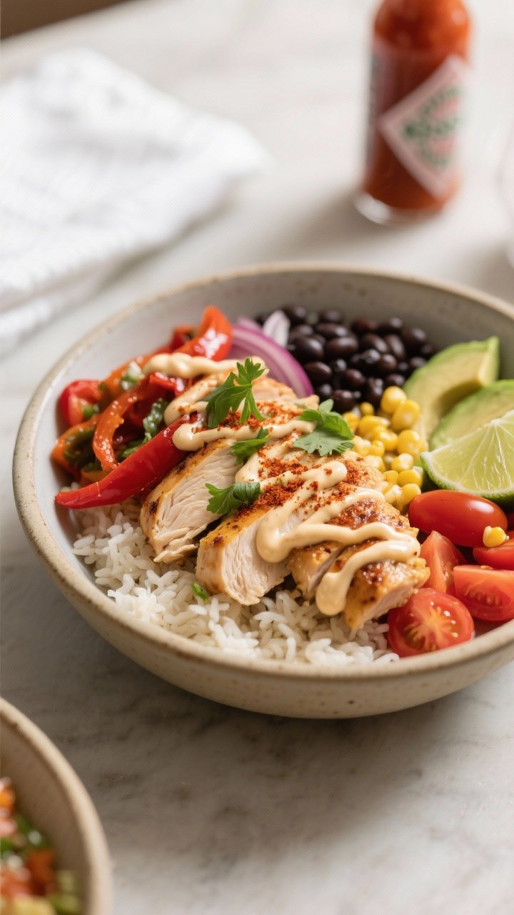 Final plated dish: Restaurant-quality chicken burrito bowl in a wide, shallow ceramic bowl—rice ba