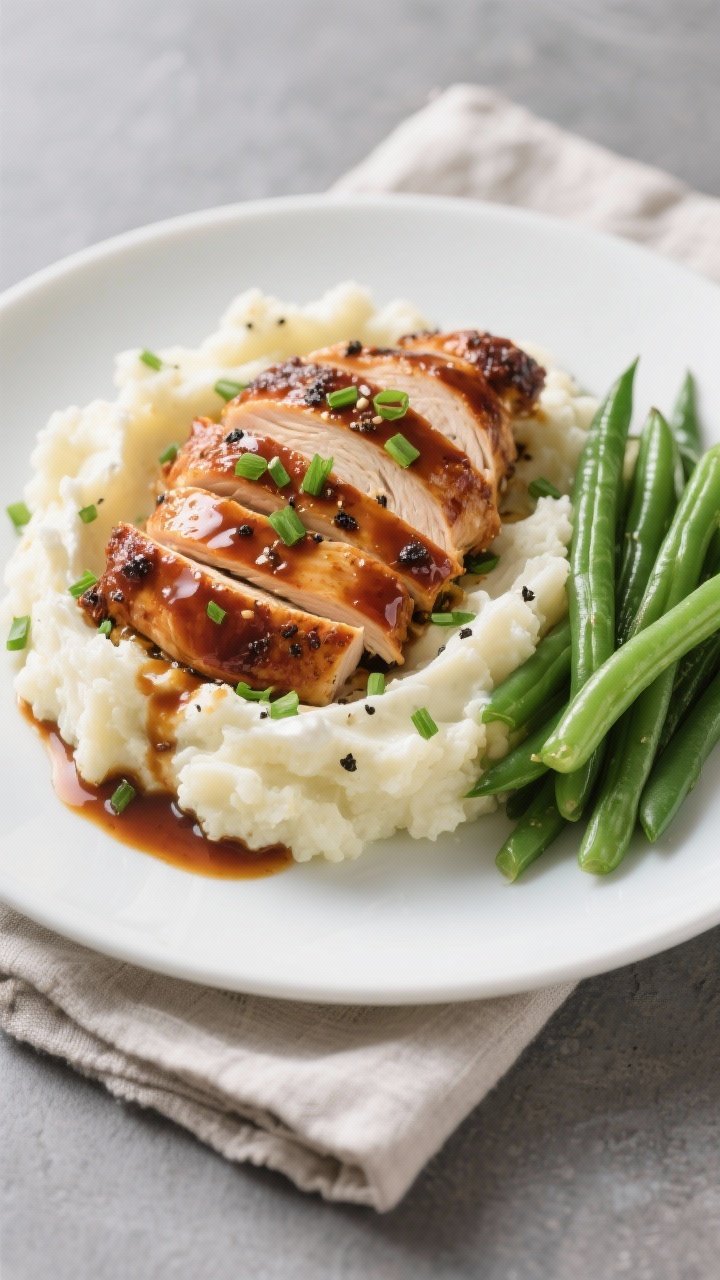 Final plated dish: Restaurant-quality presentation of BBQ chicken and cauliflower mash under 400 cal