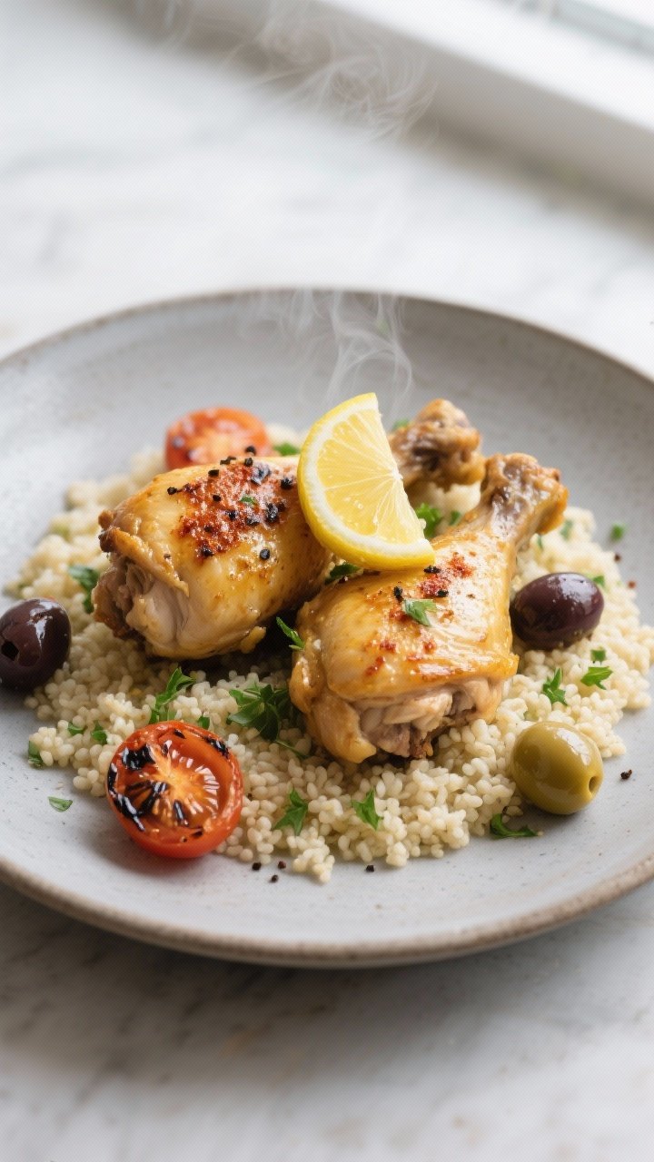 Final plated dish: Restaurant-quality presentation of whole golden chicken thighs atop fluffy lemon-