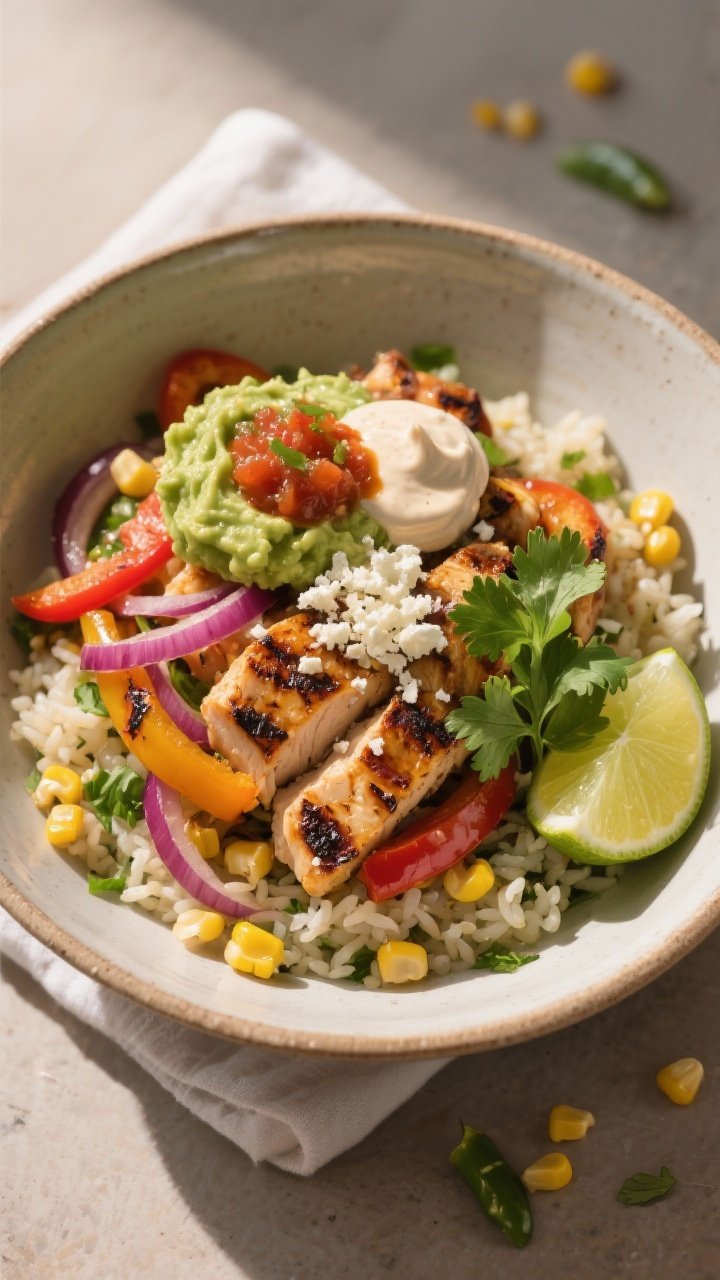 Final plated dish, restaurant-quality presentation: Beautifully plated Chicken Fajita Bowl in a wide