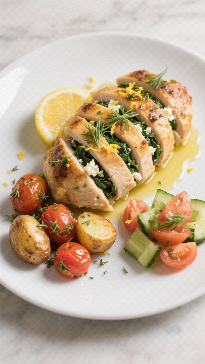 Final plated dish: Restaurant-quality presentation of spinach and feta stuffed chicken sliced on a b