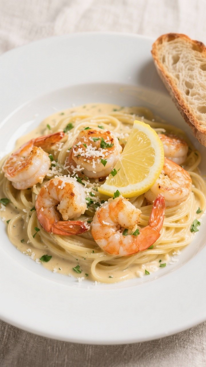 Final plated dish: Restaurant-quality presentation of Creamy Lemon Garlic Shrimp over al dente lingu