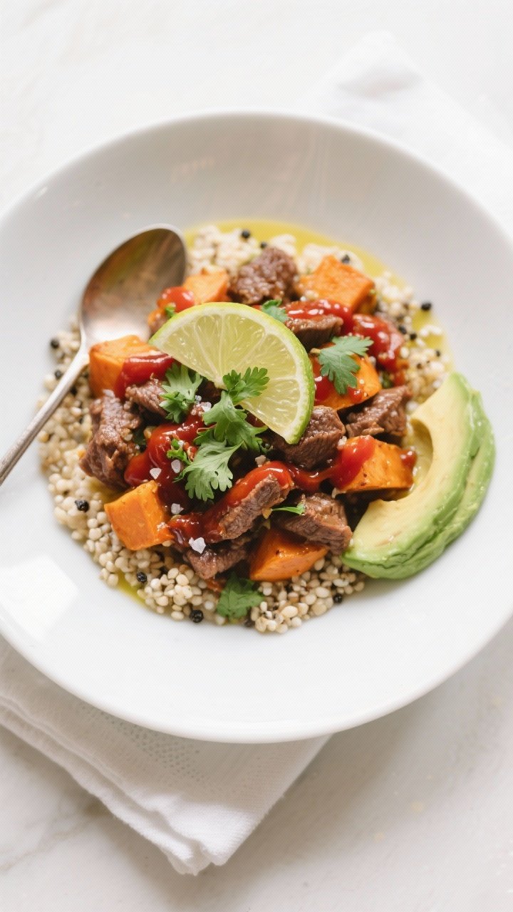 Final plated dish: Restaurant-quality presentation of Beef and Sweet Potato Skillet spooned into a w