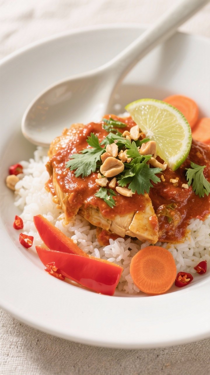 Final plated dish: Restaurant-quality presentation of Coconut Curry Chicken over fluffy jasmine rice
