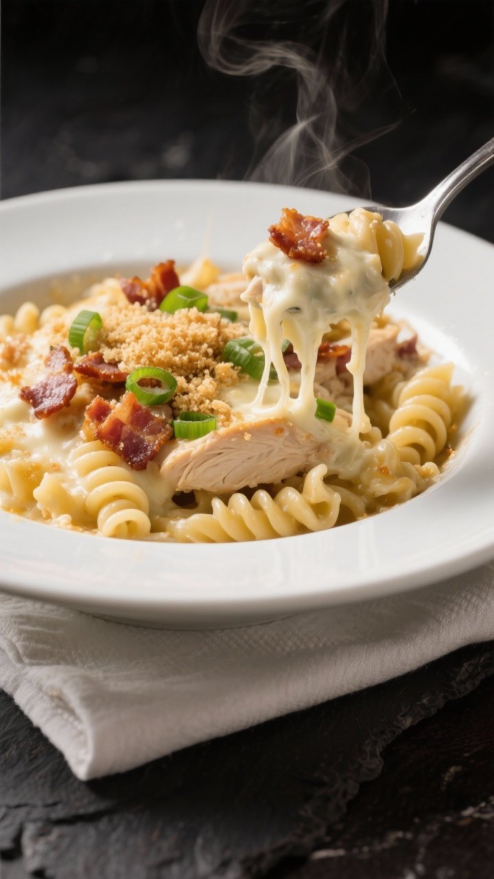 Final plated dish: Restaurant-quality serving of Chicken Bacon Ranch Casserole in a wide white bowl,