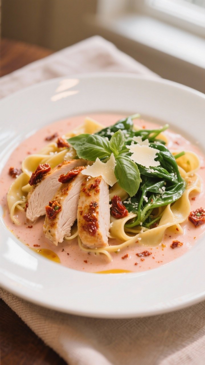 Final plated entrée: Sliced creamy sun-dried tomato chicken fanned over buttered pappardelle, drenc