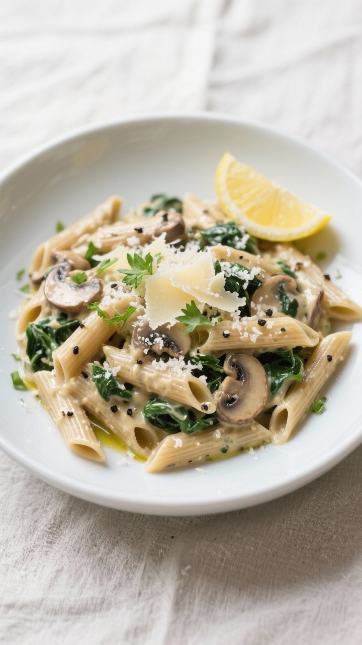 Final plated hero: Beautifully plated Creamy Spinach and Mushroom Pasta (whole-wheat penne) twirled 