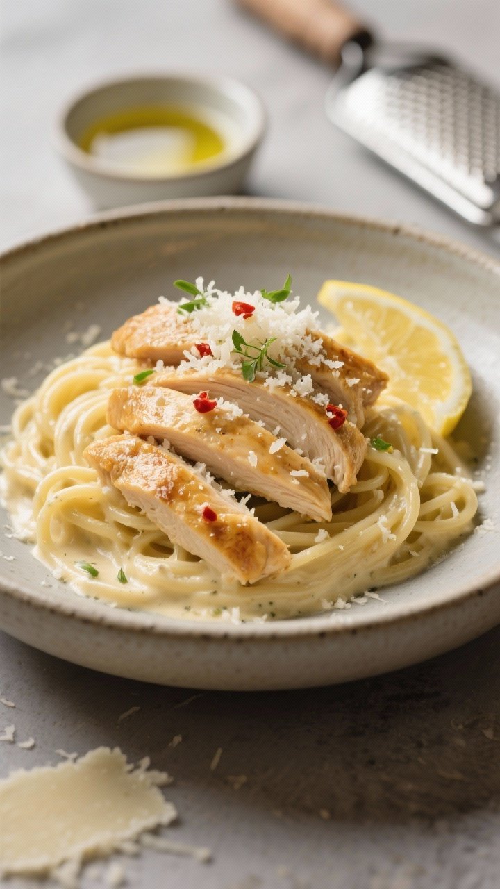 Final plated hero: Restaurant-quality presentation of Creamy Garlic Parmesan Chicken Pasta plated in