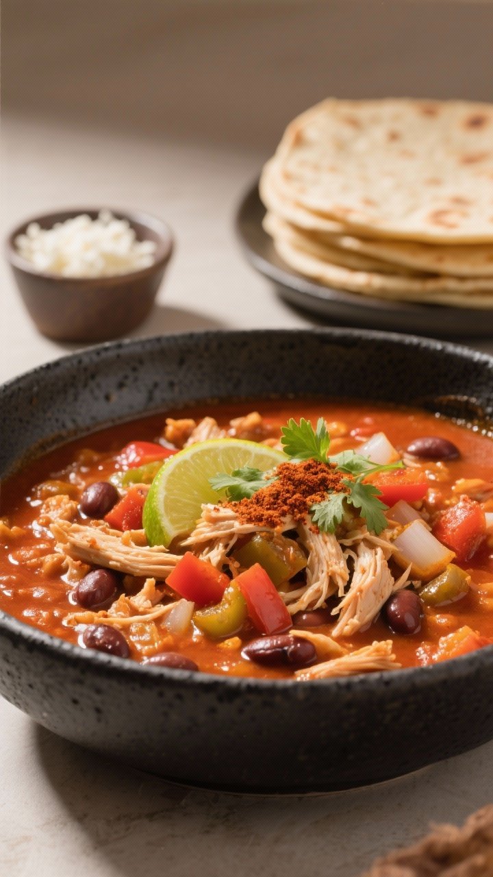 Final plated hero: Restaurant-quality presentation of chicken chili in a low, wide black stoneware b