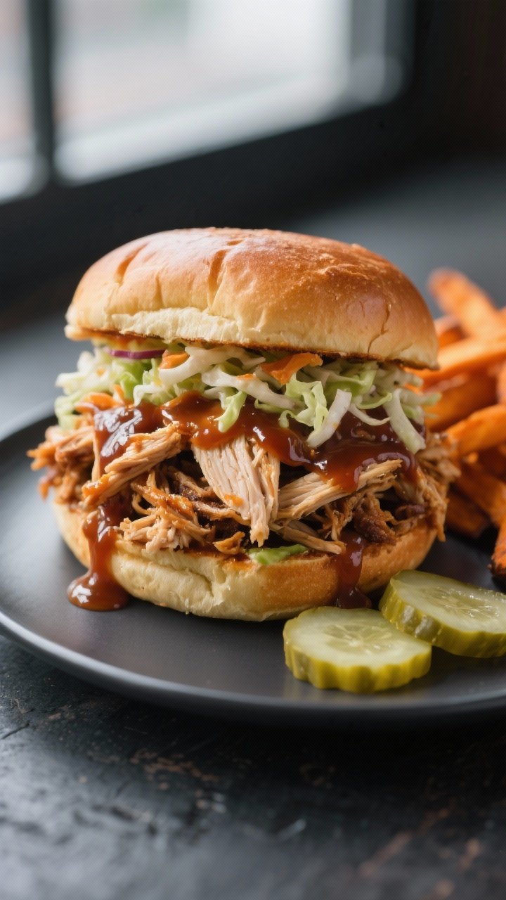 Final plated hero sandwich: A stacked BBQ pulled chicken sandwich on a toasted potato bun, overflowi