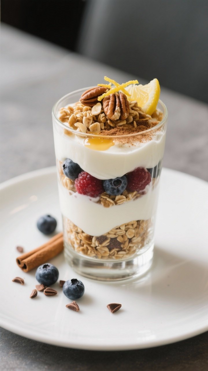 Final plated hero shot: Beautifully finished Greek Yogurt Berry Parfait in a tall clear glass, disti