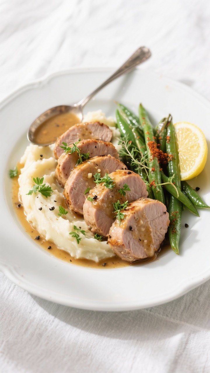 Final plated overhead shot: Garlic Butter Pork Tenderloin Medallions arranged in a slight fan on a w