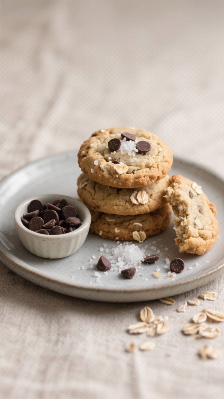 Final plated presentation: a small stack of 3 cookies on a matte ceramic plate with a few extra chip