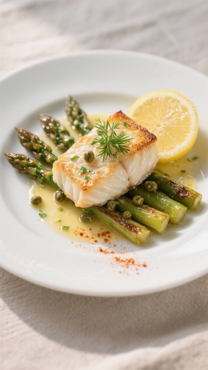Final plated presentation: Restaurant-quality plate of Lemon Herb Baked Cod with Asparagus, cod fill