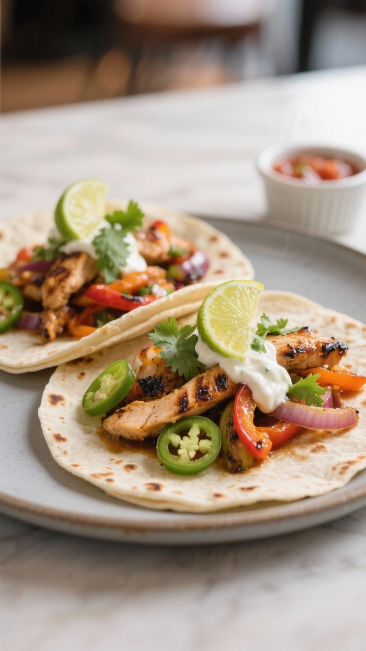 Final plated restaurant-quality fajita: two flour tortillas on a matte ceramic plate, each loaded wi