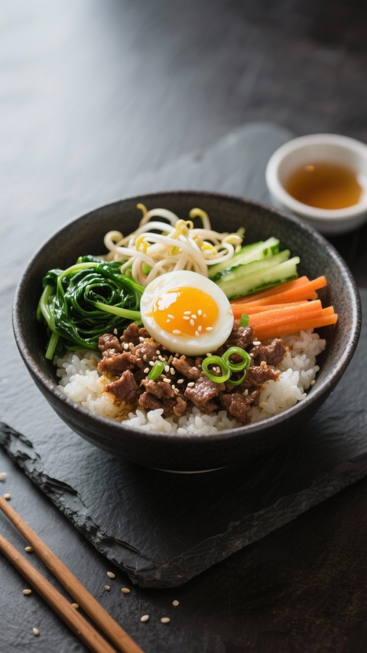Final plated restaurant-quality presentation: Beautifully plated Korean ground beef bowl served Bibi