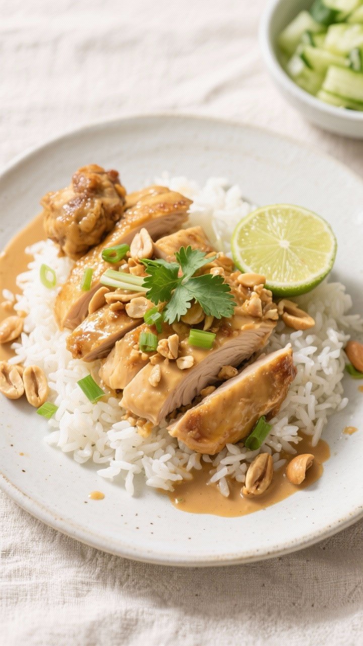 Final plated, tasty top view: Overhead shot of Thai Peanut Chicken Thighs sliced and fanned over flu