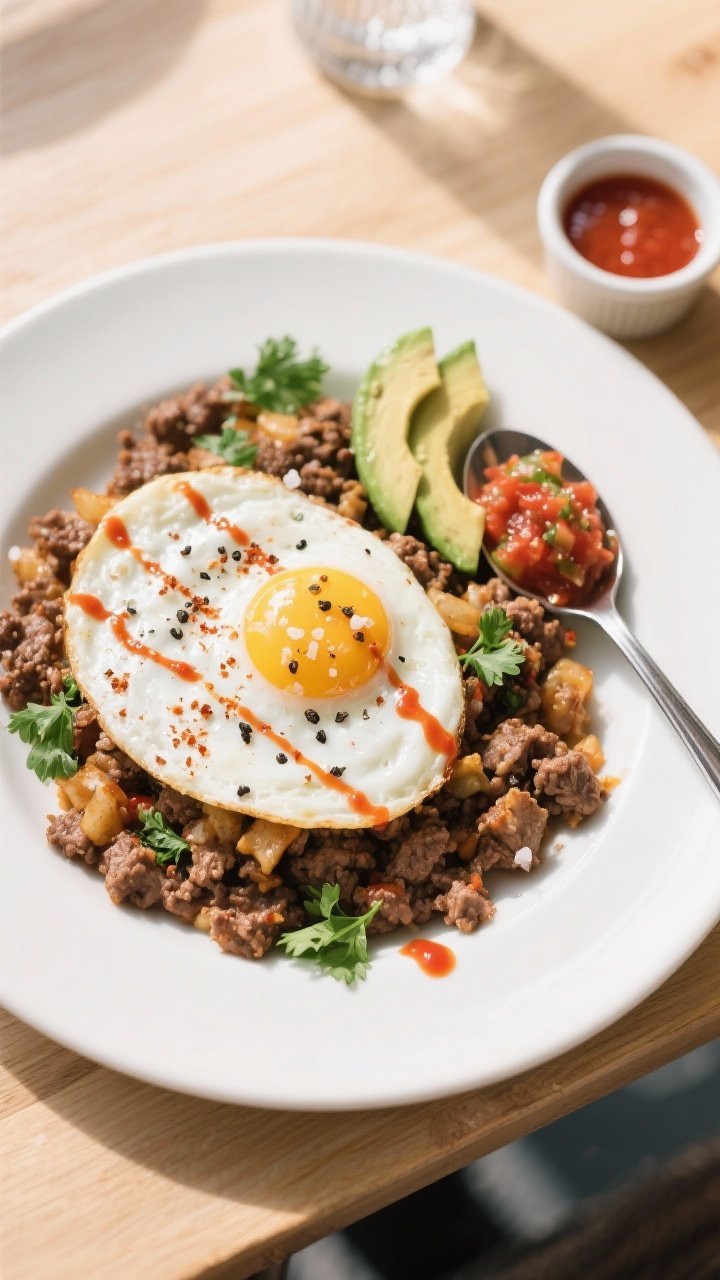 Final plated, top-down brunch plate: Tasty top view of a neatly plated serving of ground beef breakf