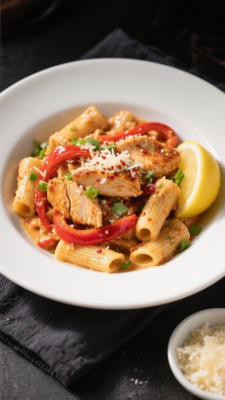 Final plated, top-down: Overhead shot of creamy Cajun chicken pasta (rigatoni) fully tossed—sauce 