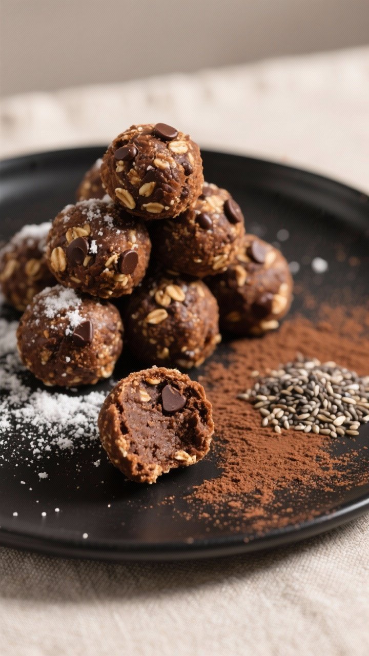 Final presentation: Restaurant-quality platter of the protein balls stacked on a matte black plate, 