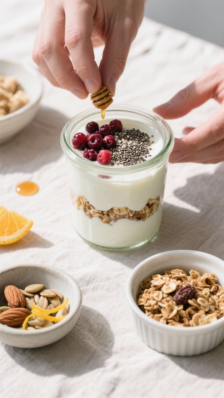 Overhead “assembly in progress” shot: A clear glass jar half-filled with flavored Greek yogurt (