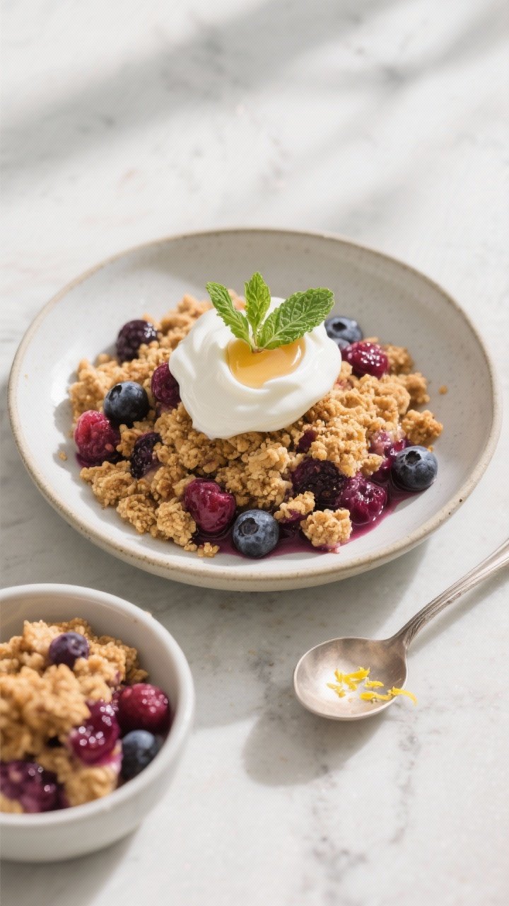 Overhead “breakfast-ready” presentation: a warm scoop of mixed berry crumble in a wide shallow b