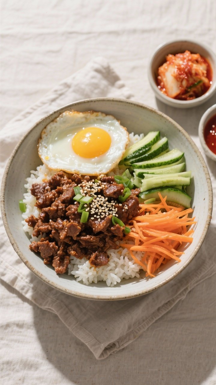 Overhead “build-the-bowl” shot: Tasty top view of a Korean ground beef rice bowl assembly—fluf