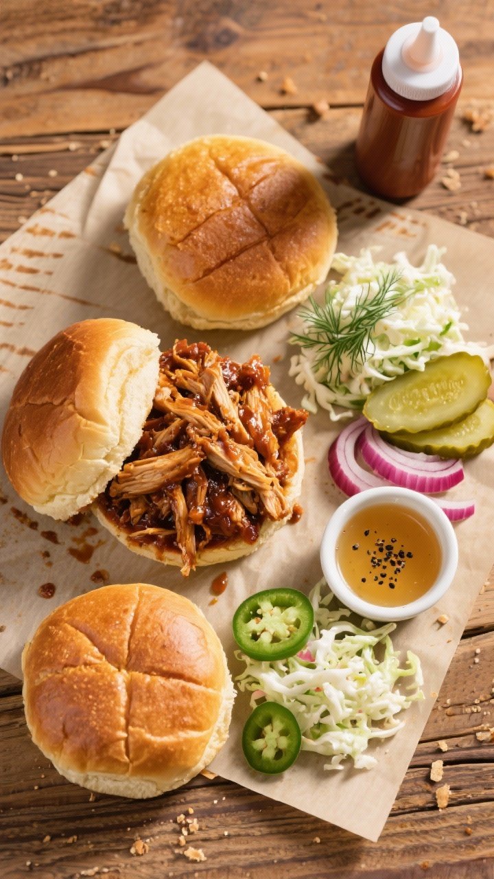 Overhead “build-your-own” spread: Toasted buttered brioche buns, a mound of saucy pulled chicken